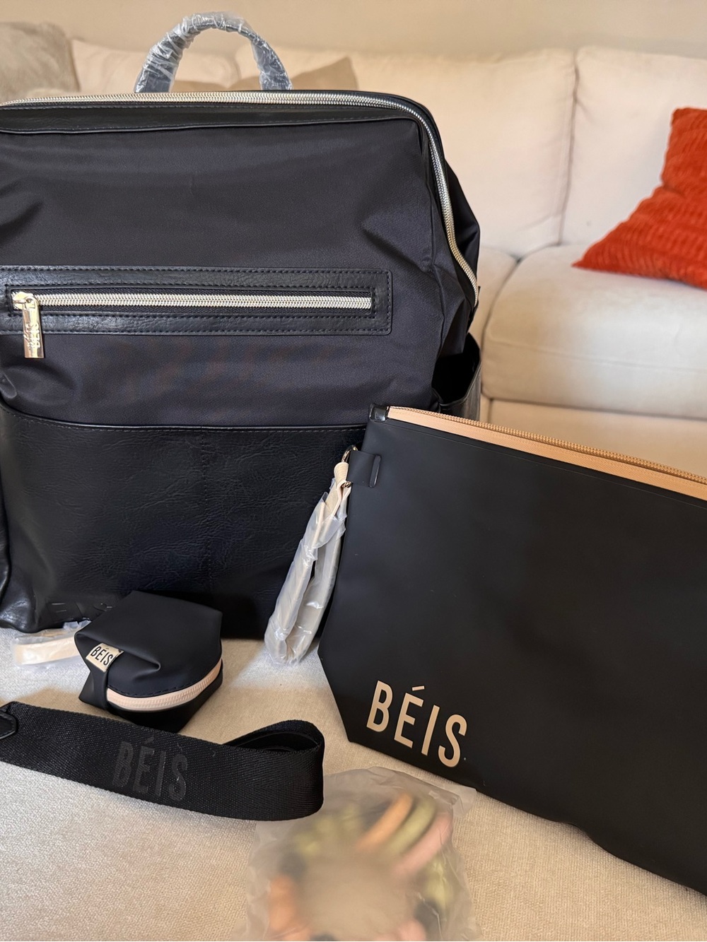 NWT Béis Black Vegan Leather Diaper Backpack + Accessories Set